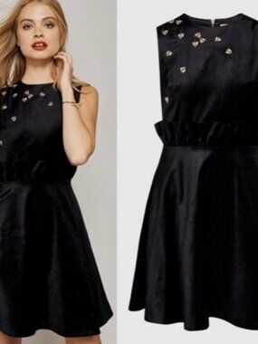 TED BAKER LONDON Women's Black Velvet Celeena Queen Bee Ruffle Dress Size 4
